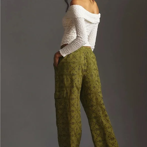 Anthropologie Women’s Eyelet Cargo Jogger Pants Army Green Cotton Pocket Size SP - Picture 5 of 10